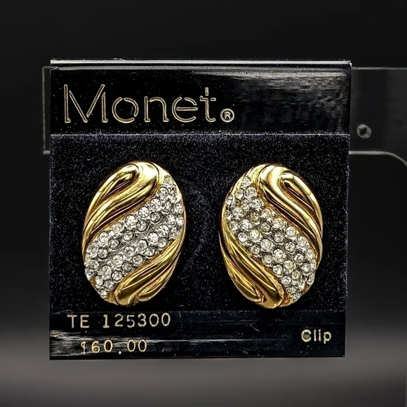 Nos Vintage MONET Goldtoned Clip Earrings with Rhinestone Pavé Detail - Picture 2 of 7